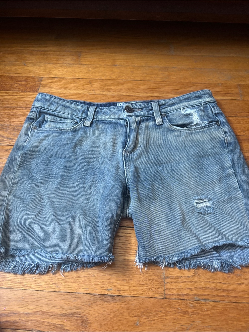 PAIGE Medium Blue Frayed Hem Distressed Denim Shorts